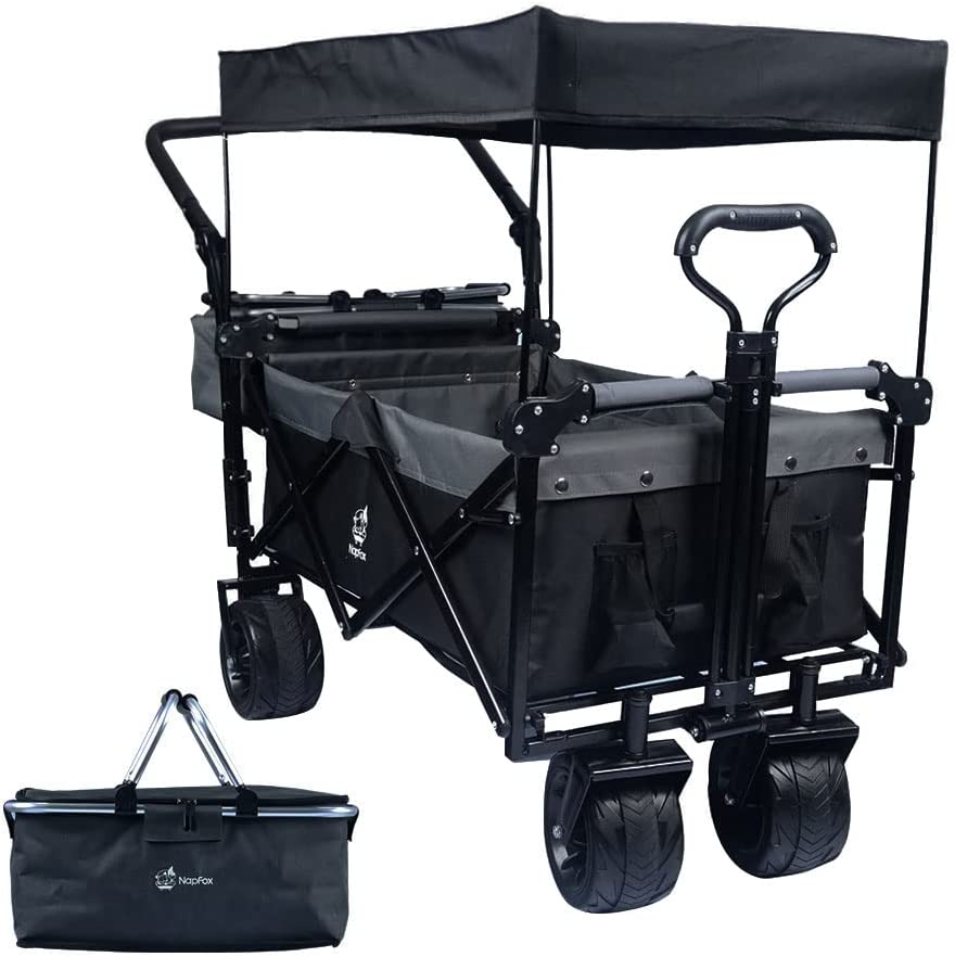 Collapsible Wagon 140L Wagons Carts Foldable with Removable Canopy, Folding Wagon Cart with Wheels for All-Terrain with Brake, Foldable Wagon with Cooler Bag, for Camping Beach Shopping