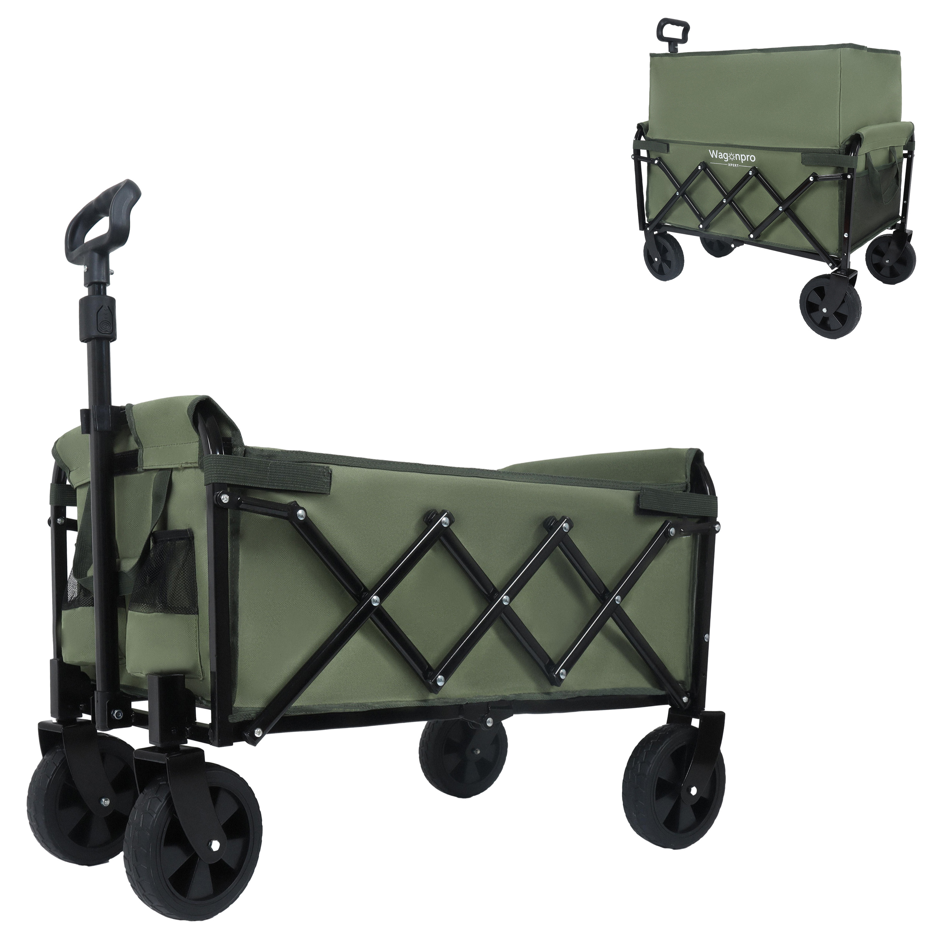 Expandable Dual-Layer Utility Wagon with 100% Extra Space - Grocery Cart for Camping, Shopping, Sports, Gardening, Fishing, Supports 225lbs, army green