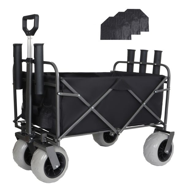 Fishing Cart with Rod Holders,Beach Wagon with Big Wheels for Sand 500lbs Capacity - All Terrain Steel Frame Utility Cart with 9" Pneumatic Tires,Strap with multiuse Bag,Black