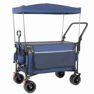 Multi-Functional Push-Pull Folding Wagon Cart with Rotating Handle & Canopy, 7''x4''All-Terrain Wheels & Brakes, Load Capacity 480lbs, 300L Large Capacity for Transport, Groceries, Outdoor Use, Blue Multi-Functional Push-Pull Folding Wagon Cart with Rotating Handle & Canopy, 7''x4''All-Terrain Wheels & Brakes, Load Capacity 480lbs, 300L Large Capacity for Transport, Groceries, Outdoor Use, Blue