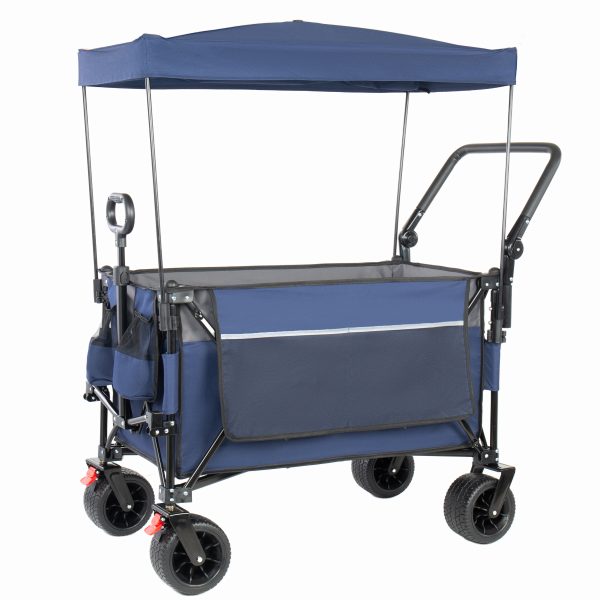 Multi-Functional Push-Pull Folding Wagon Cart with Rotating Handle & Canopy, 7''x4''All-Terrain Wheels & Brakes, Load Capacity 480lbs, 300L Large Capacity for Transport, Groceries, Outdoor Use, Blue Multi-Functional Push-Pull Folding Wagon Cart with Rotating Handle & Canopy, 7''x4''All-Terrain Wheels & Brakes, Load Capacity 480lbs, 300L Large Capacity for Transport, Groceries, Outdoor Use, Blue