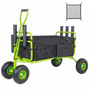Fishing Cart Beach Cart Collapsible Wagon 9.85'' All-Terrain Wheels for Sand, Heavy Duty Garden Cart with Rod Holders,Umbrella Holder and Storage Pockets, 550lb Large Capacity, Green+Black