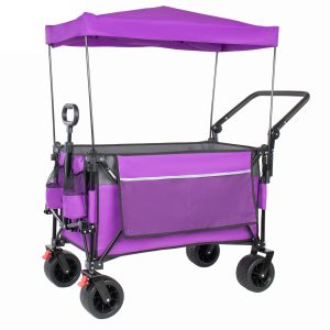 Multi-Functional Push-Pull Folding Wagon Cart with Rotating Handle & Canopy, 7''x4''All-Terrain Wheels & Brakes, Load Capacity 480lbs, 300L Large Capacity for Transport, Groceries, Outdoor Use, Purple Multi-Functional Push-Pull Folding Wagon Cart with Rotating Handle & Canopy, 7''x4''All-Terrain Wheels & Brakes, Load Capacity 480lbs, 300L Large Capacity for Transport, Groceries, Outdoor Use, Purple