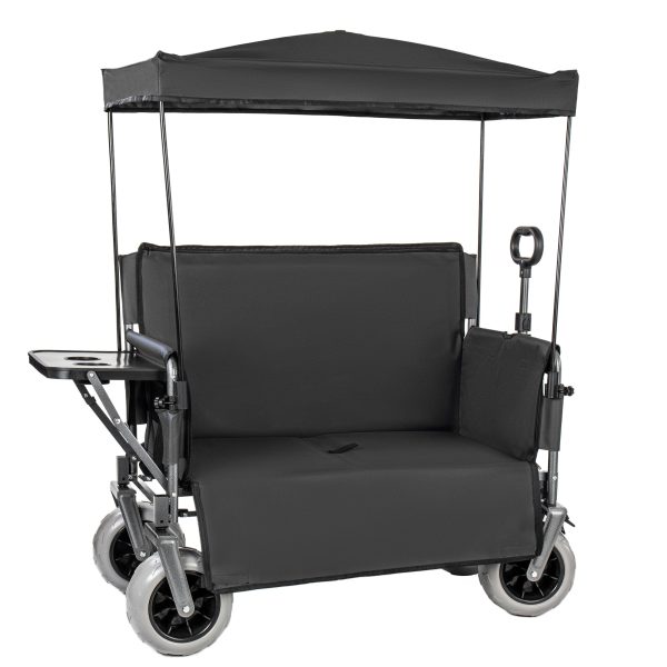 3-in-1 Collapsible Wagon Converts to Bench Convertible Folding Wagon Cart with Canopy &Rear-Mounted Folding Tabletop, 500lbs Heavy-Duty, 180L Capacity for Camping, Beach, Garden, Fishing-Black
