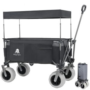 Multi-Functional Pull Folding Wagon Cart with Flexible Handle & Canopy, Heavy Duty Utility Cart with 9"x4" Beach Tires for Camping & Beach, Transport, Groceries, Sports, 480LBS/120L(Black Gray)