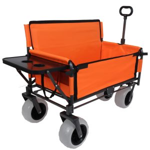 3-in-1 Folding Wagon with Bench Seat & Rear-Mounted Folding Tabletop – 500lbs Capacity, 9"x4" Beach Tires for Camping, Orange 3-in-1 Folding Wagon with Bench Seat & Rear-Mounted Folding Tabletop – 500lbs Capacity, 9"x4" Beach Tires for Camping, Orange