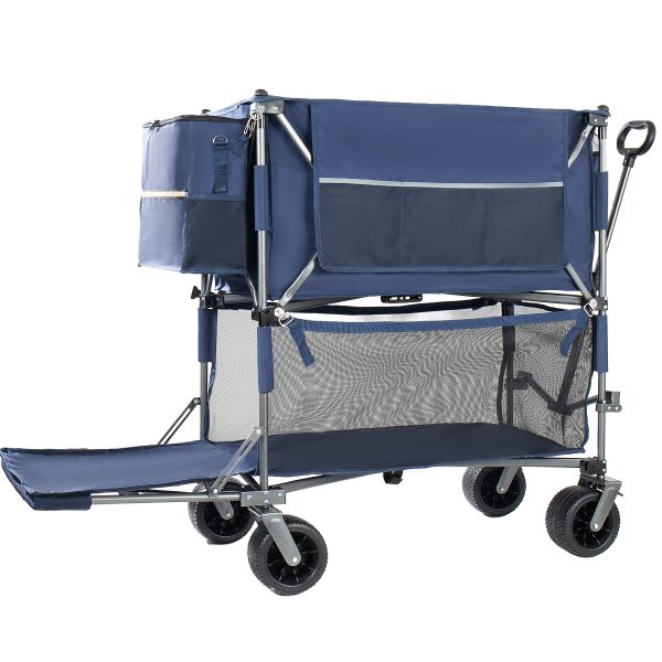 55" Heavy Duty Double-Layer Wagon with Brakes,560LBS Double Decker Wagon, 650L Collapsible Wagons Carts with 7''x4''All-Terrain Wheels for Sports,Camping,Fishing,Transport, Dark Blue