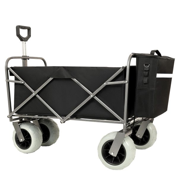 Beach Wagon with Big Wheels for Sand 500lbs capacity - All Terrain Steel Frame Utility Cart with 9" Pneumatic Tires, Collapsible Folding Design ,strap with multiuse bag ,black