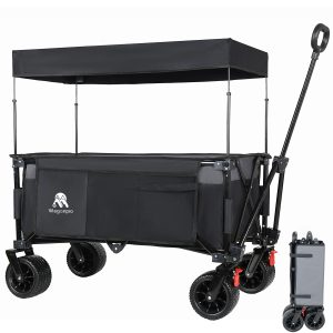 Multi-Functional Pull Folding Wagon Cart with Flexible Handle & Canopy, Heavy Duty Utility Cart with 7"x4" All-Terrain Wheels for Camping, Transport, Groceries, Sports, 480LBS/120L(Black Gray)