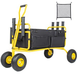 Fishing Cart Beach Cart Collapsible Wagon 9.85'' All-Terrain Wheels for Sand, Heavy Duty Garden Cart with Rod Holders,Umbrella Holder and Storage Pockets, 550lb Large Capacity, Yellow+Black
