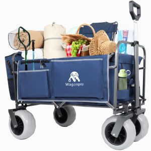 Beach Wagon with Big Wheels for Sand 500lbs capacity - Patented design, All Terrain Steel Frame Utility Cart with 9" Pneumatic Tires, Collapsible Folding Design ,strap with multiuse bag , dark blue Beach Wagon with Big Wheels for Sand 500lbs capacity - Patented design, All Terrain Steel Frame Utility Cart with 9" Pneumatic Tires, Collapsible Folding Design ,strap with multiuse bag , dark blue