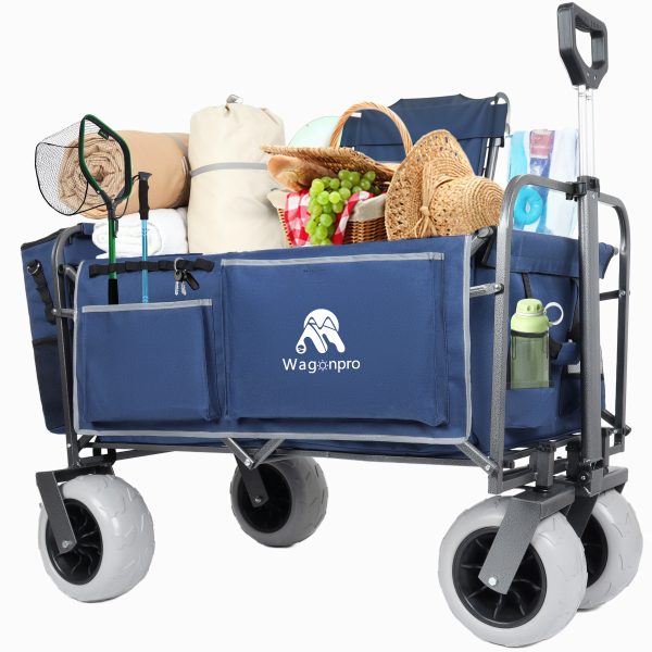 Beach Wagon with Big Wheels for Sand 500lbs capacity - Patented design, All Terrain Steel Frame Utility Cart with 9" Pneumatic Tires, Collapsible Folding Design ,strap with multiuse bag , dark blue Beach Wagon with Big Wheels for Sand 500lbs capacity - Patented design, All Terrain Steel Frame Utility Cart with 9" Pneumatic Tires, Collapsible Folding Design ,strap with multiuse bag , dark blue