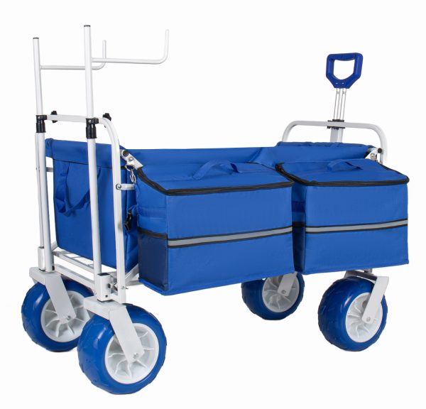 Beach Wagon Cart with Chair Racks and 9" All-Terrain Wheels, 500lbs Heavy Duty Collapsible Folding Wagon, Adjustable Handle, Cooler & Storage Bags for Beach, Camping, Garden & Outdoor Sports, Blue
