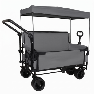 3-in-1 Folding Wagon Cart with Bench Seat & Canopy & Storage, 500lbs Heavy-Duty, 180L Capacity, All-Terrain Wagon for Camping, Beach, Sports, & Garden, Gray