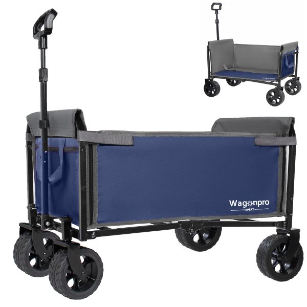 Upgraded 5*2" Wide Wheels, All-in-One Convertible Folding Trolley with Full-Side Opening & Dog Leash, Versatile Seating & Storage, 220Lbs Capacity for Camping, Beach, Shopping, Dark blue